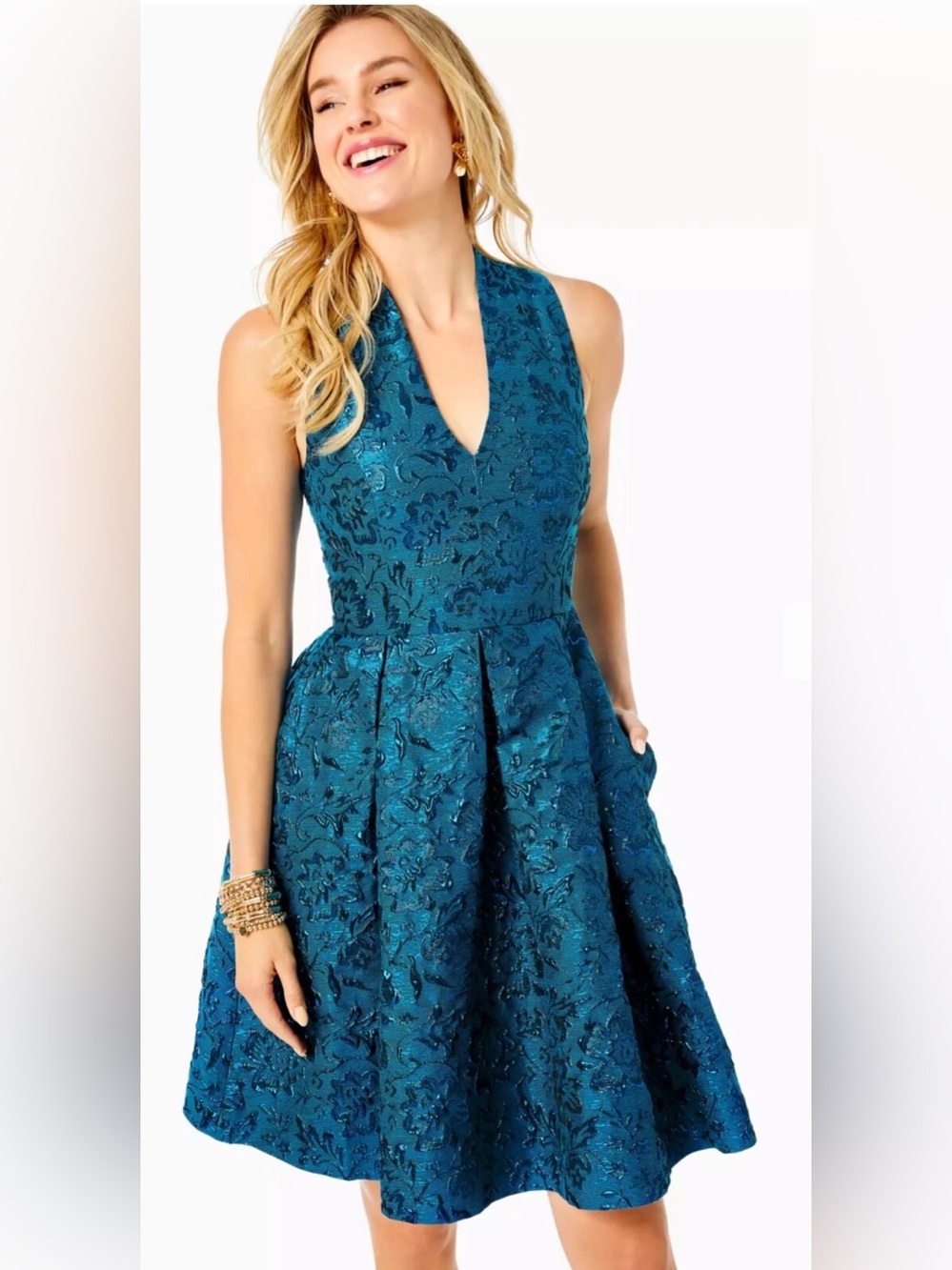 NEW LILLY PULITZER Tanlee Dress Metallic Blue Blooming Brocade Size 8
